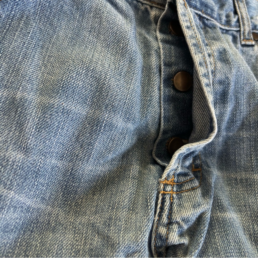 DIVIDED BUTTON FRONT Bootcut JEANS SZ. 36/34 Med/Light Wash Whiskers wide hem